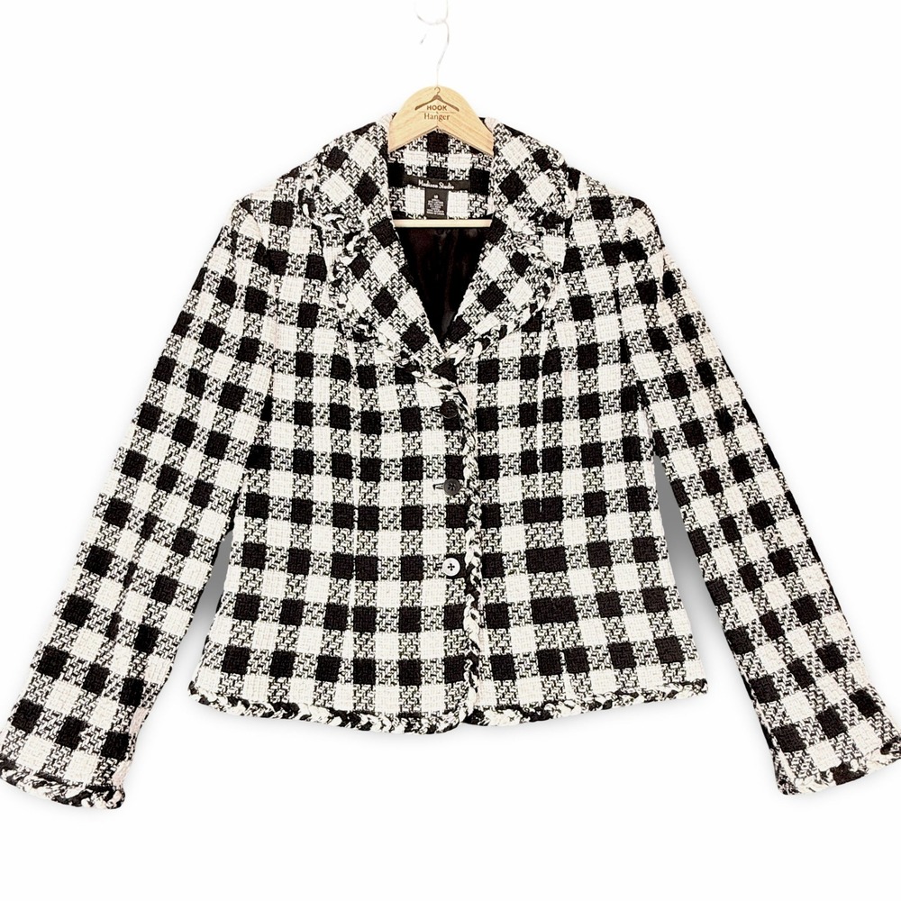Madison Studio Vintage Bouclé Tweed Crop Lady Jacket 10 Black White Checks Wool